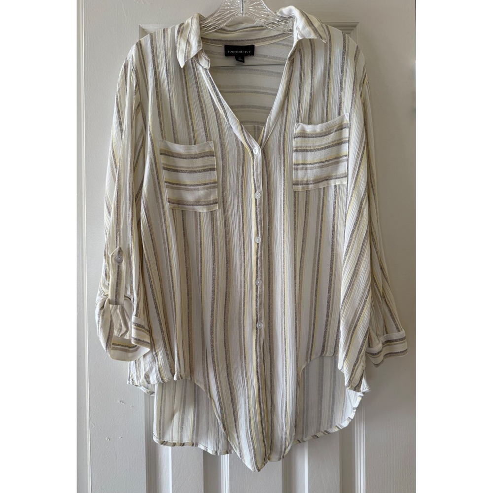 Fortune + Ivy Striped Button Up Tie Front Roll Tab Sleeve Top Yellow Grey XL
